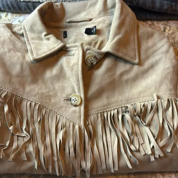 Lauren Ralph Lauren Women’s Fringe Trim Goat Suede Jacket Western Beige NWT $650 - Picture 11 of 16